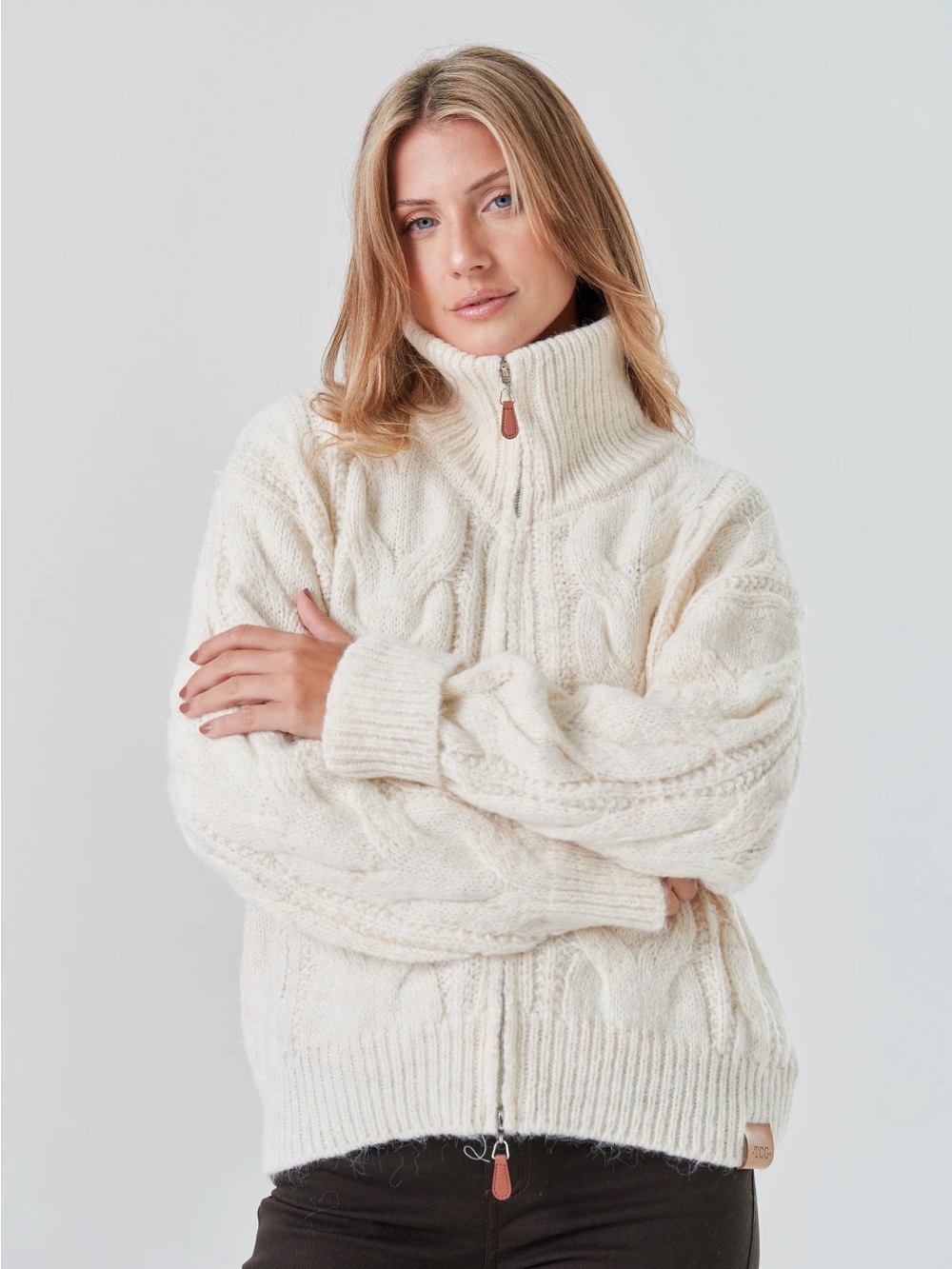 Cozy Cream Cable-Knit Zip Mock Neck Full Zip Braided Cardigan  L